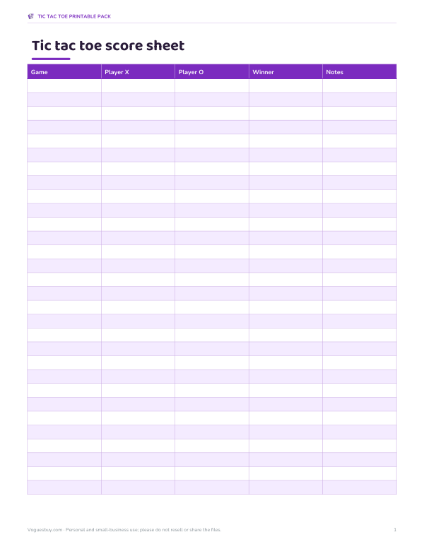 Preview of Printable Tic Tac Toe Score Sheet